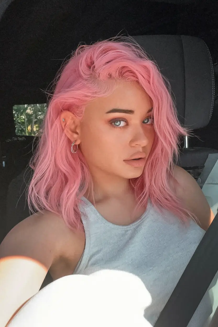 august hair color ideas 2025 Textured Cotton Candy Rose Lob