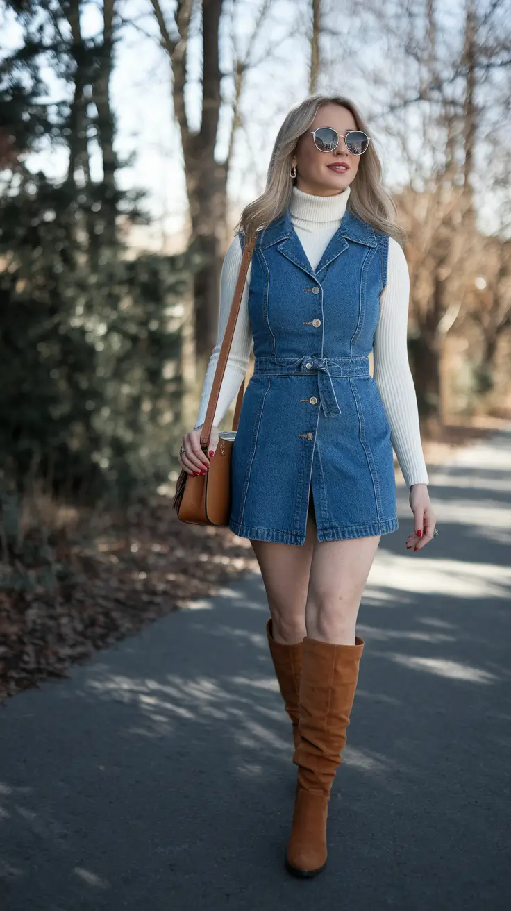 summer to fall transition outfits comfy Denim Dresses & Retro Boots