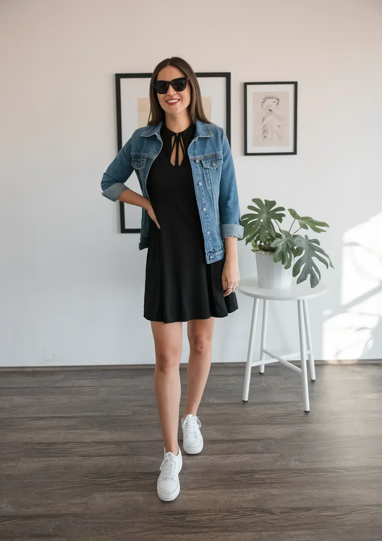 summer to fall transition outfits mom Denim Jacket & Little Black Dress Duo