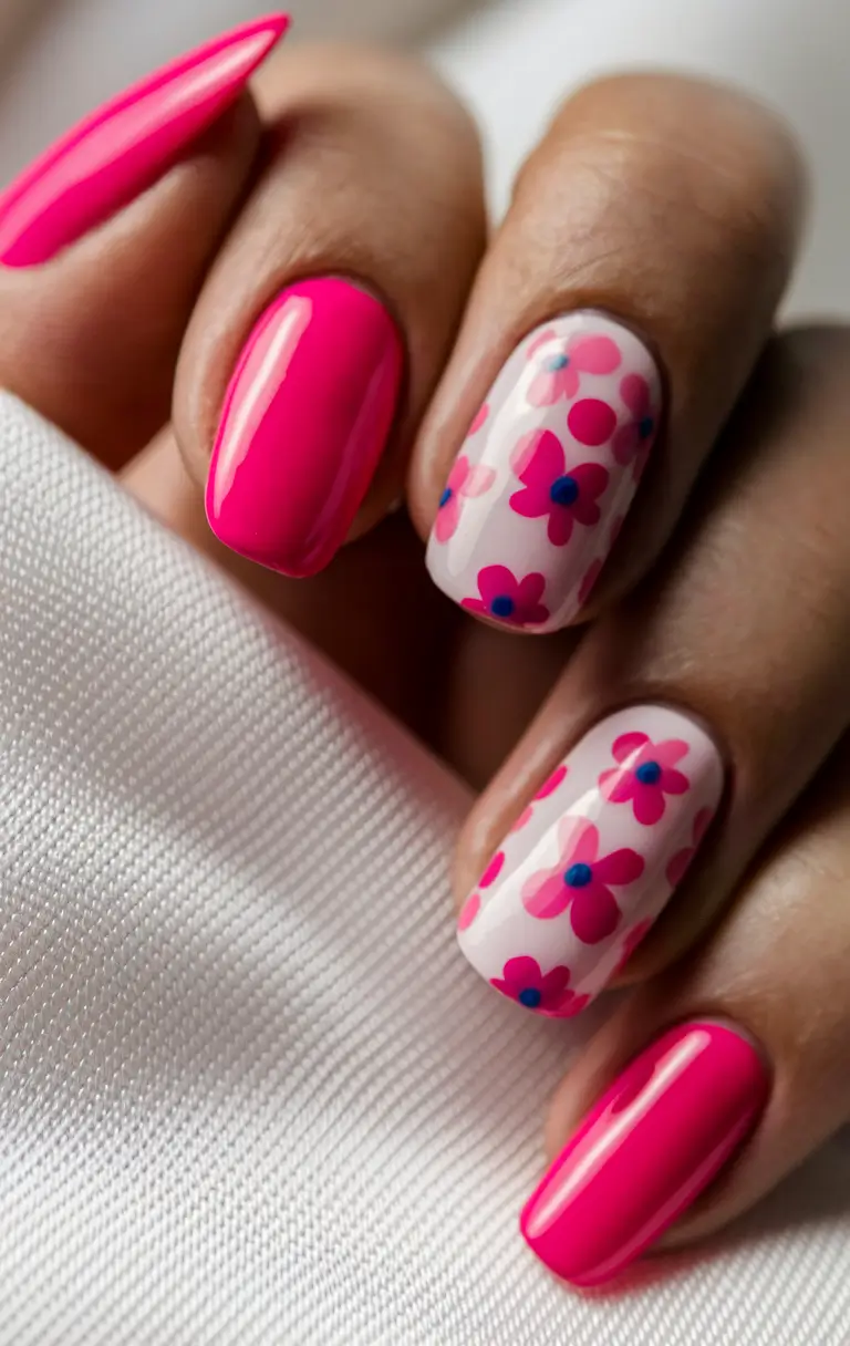 july nails colors 2025 hot pink blooms with a pop art twist