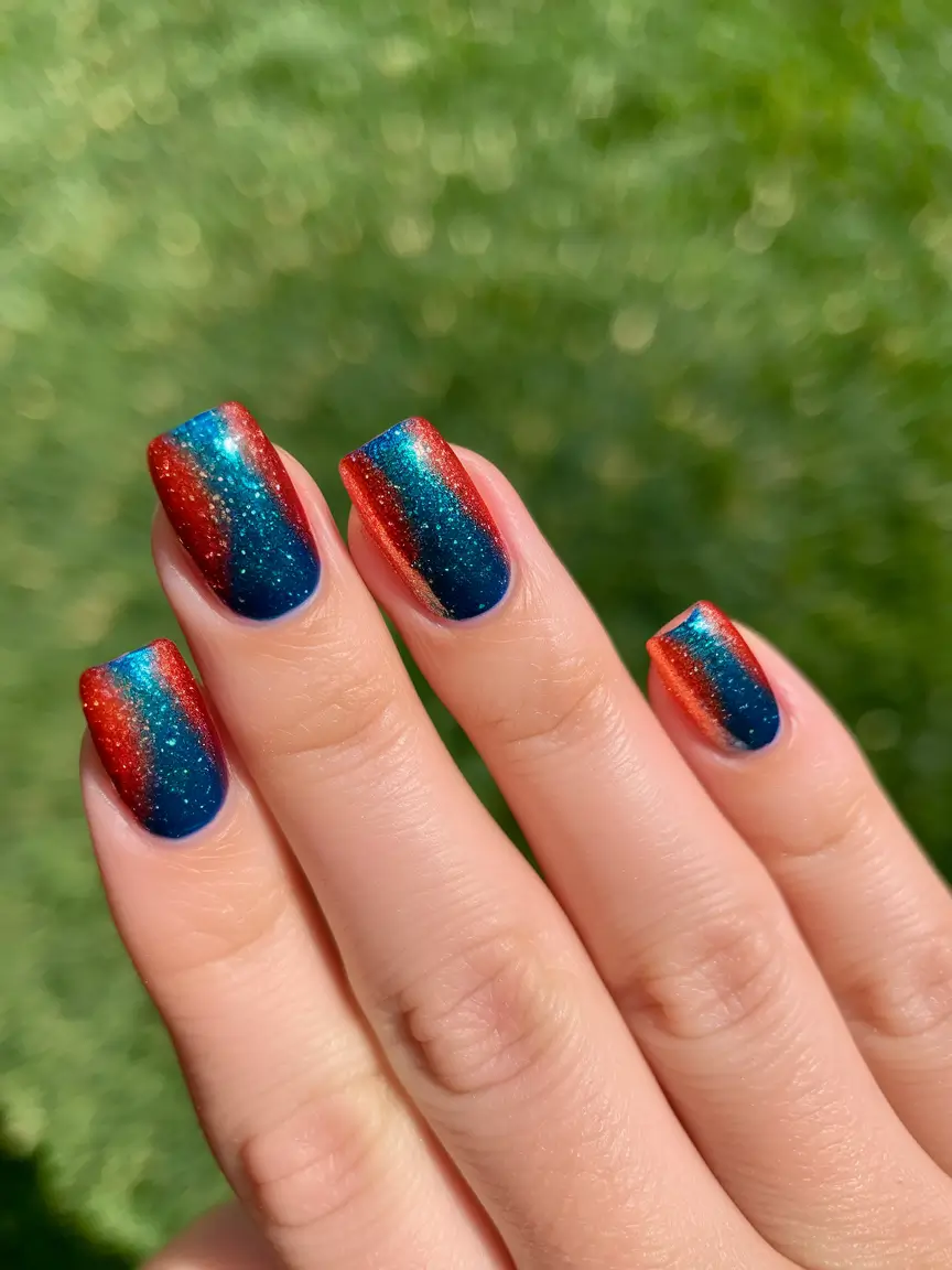 july nails colors 2025 metallic heat with a sunset fade