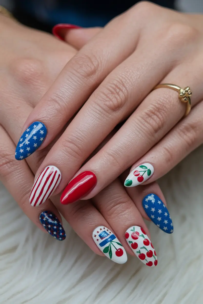 july nails ideas 2025 Stars, Stripes & Cherries Forever