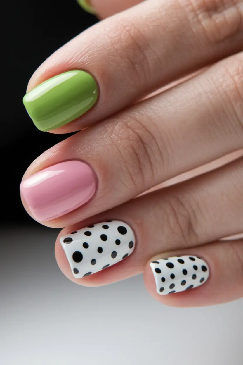 july nails ideas 2025 Soft Color Blocking with Dots of Joy
