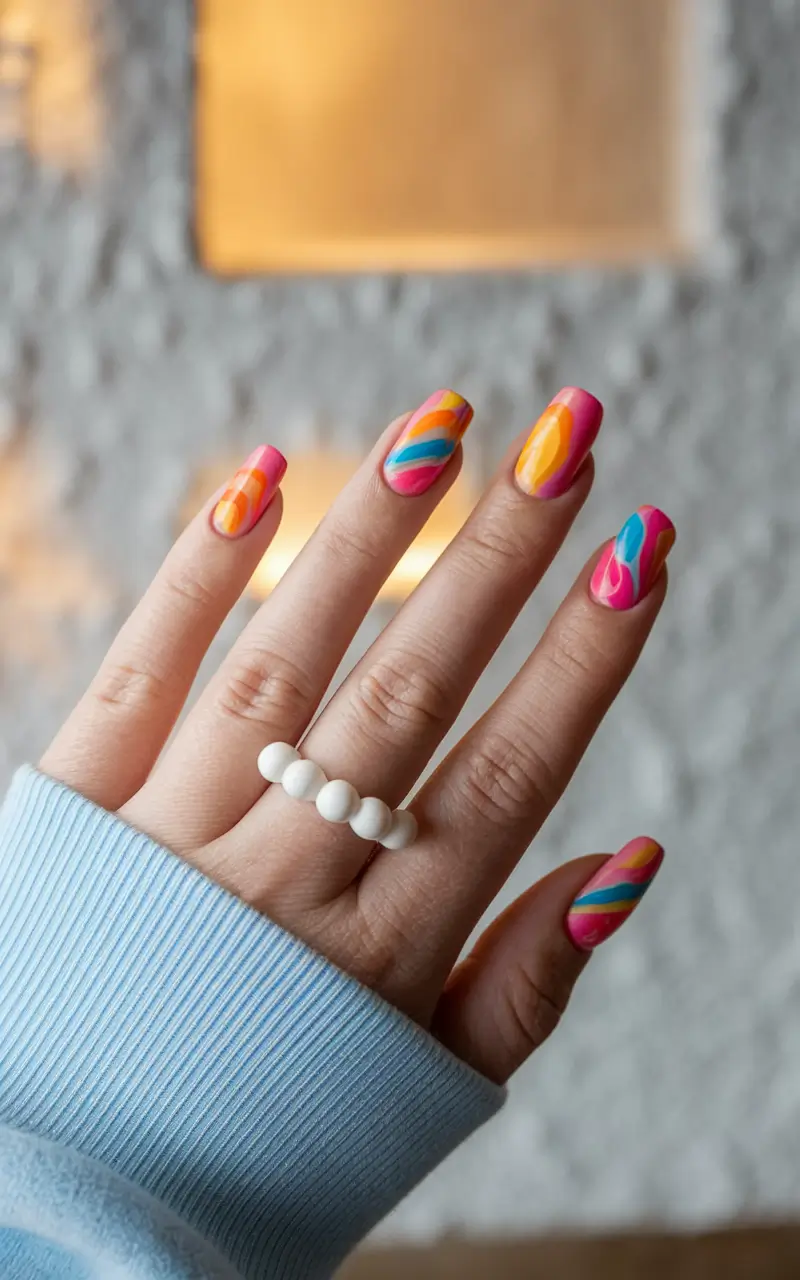 july nails ideas 2025 Tutti Frutti Swirl for Firework-Free Fun