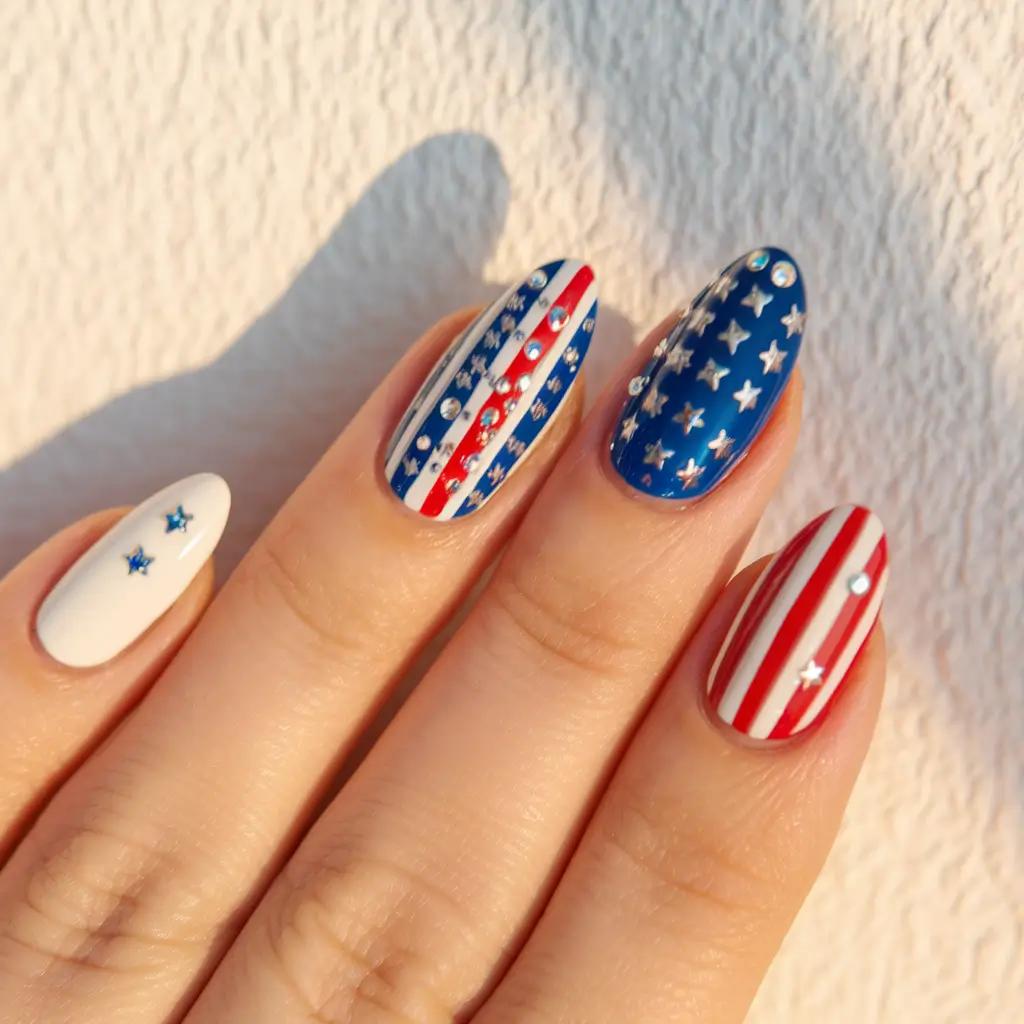 july nails ideas 2025 Star-Spangled With Rhinestone Sparkle