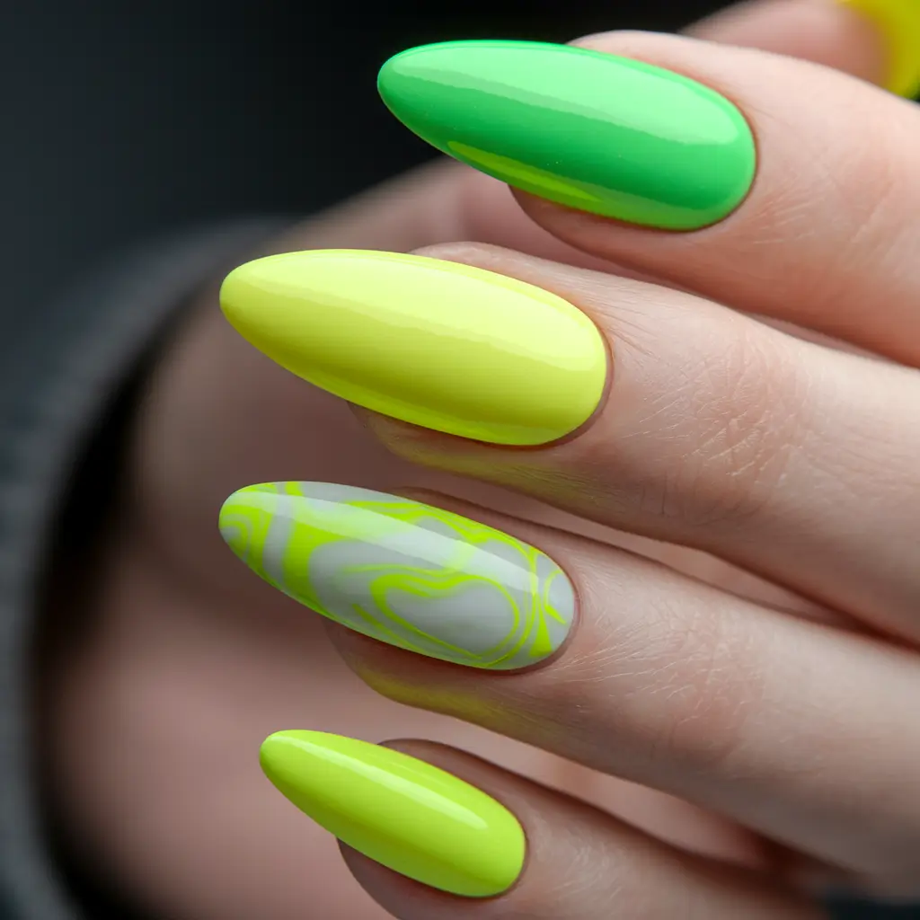 july nails ideas 2025 Neon Citrus With Swirl Detail