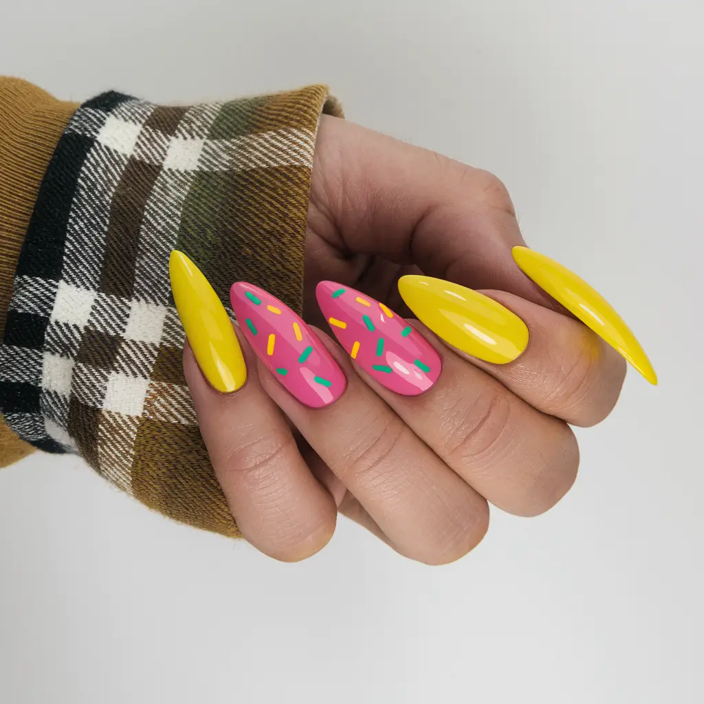 july nails ideas 2025 Sprinkle Party in Pink and Yellow