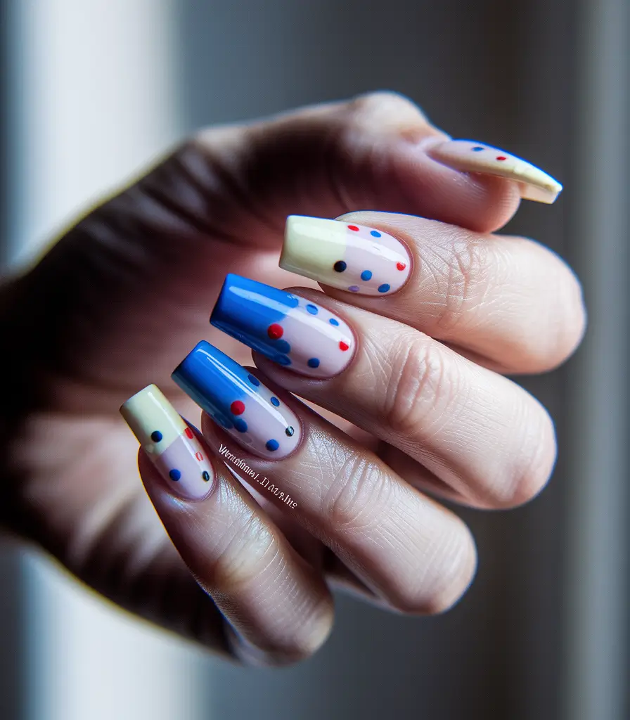 july nails ideas 2025 Playful Dots in Patriotic Pastels