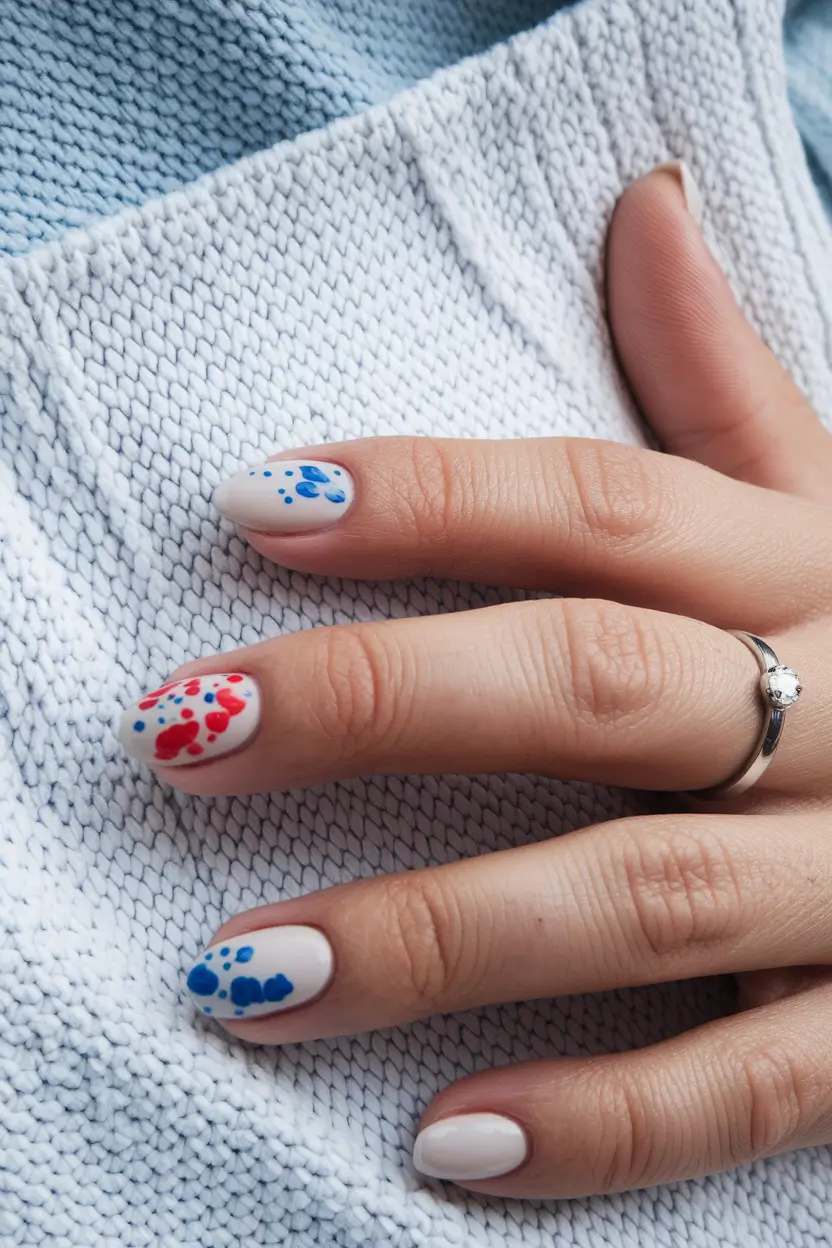 july nails ideas 2025 Spattered Patriotic Dots on a White Base