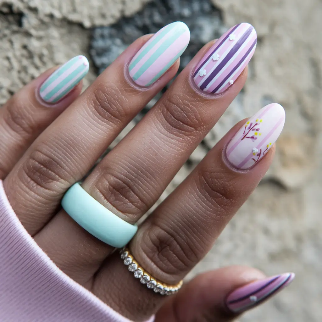 july nails ideas 2025 Candy-Striped Pastels with Delicate Art