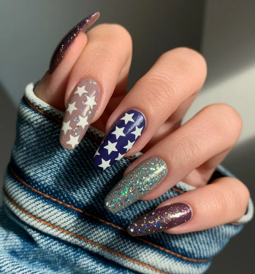 july nails ideas 2025 Glittered Stars and Cosmic Purple