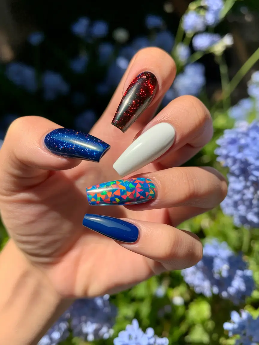 july nails ideas 2025 Bold Colors Meet Mosaic Magic