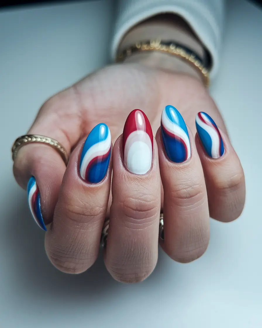 july nails ideas 2025 Red, White, and Waves of Blue