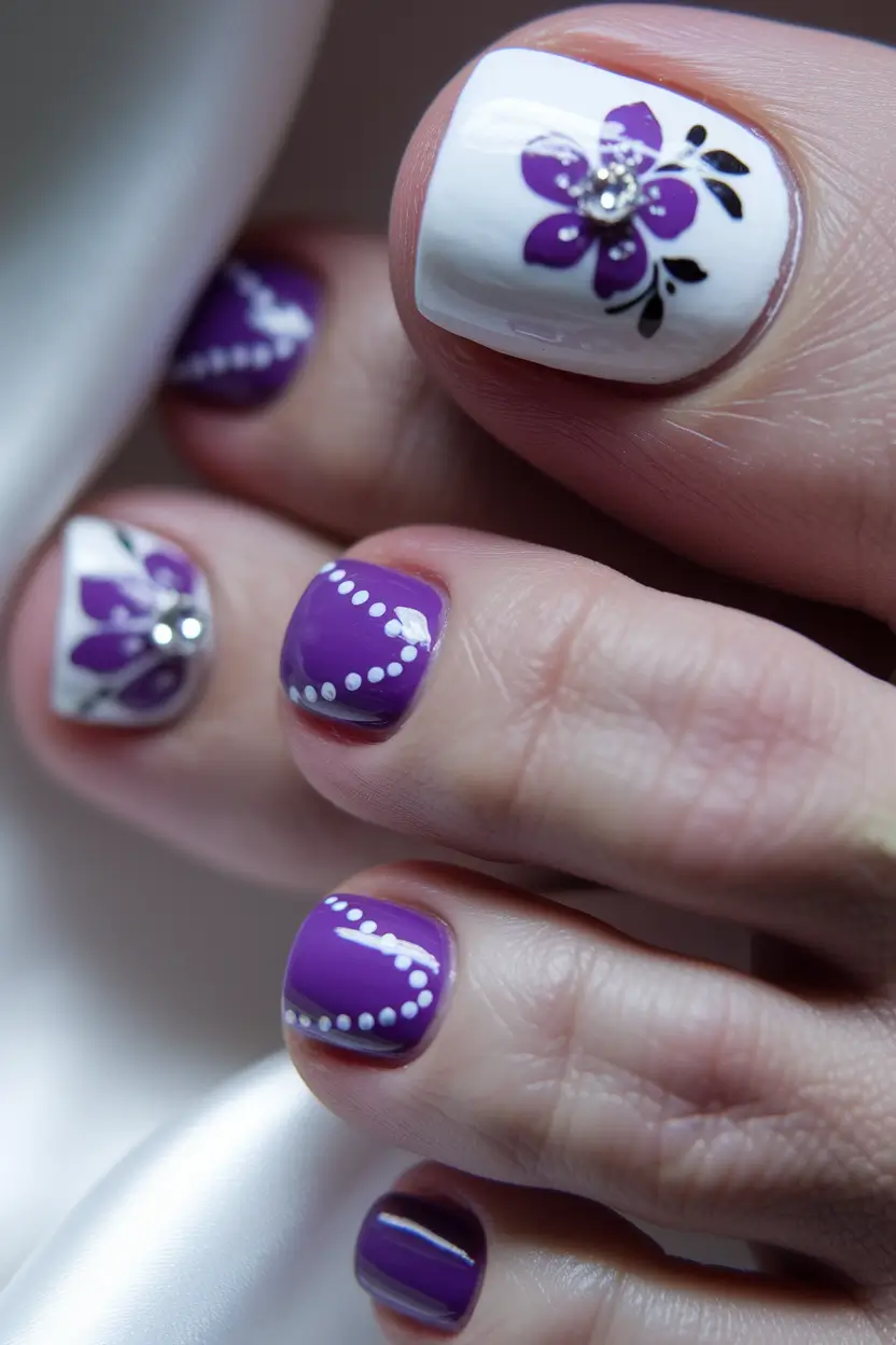 july toe nails ideas 2025 Whimsical White and Purple Blossoms