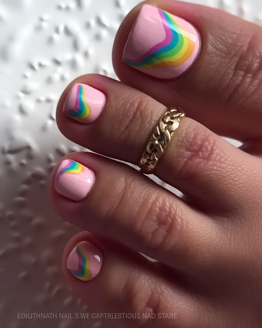 july toe nails ideas 2025 Rainbow Wave on Soft Pink Base