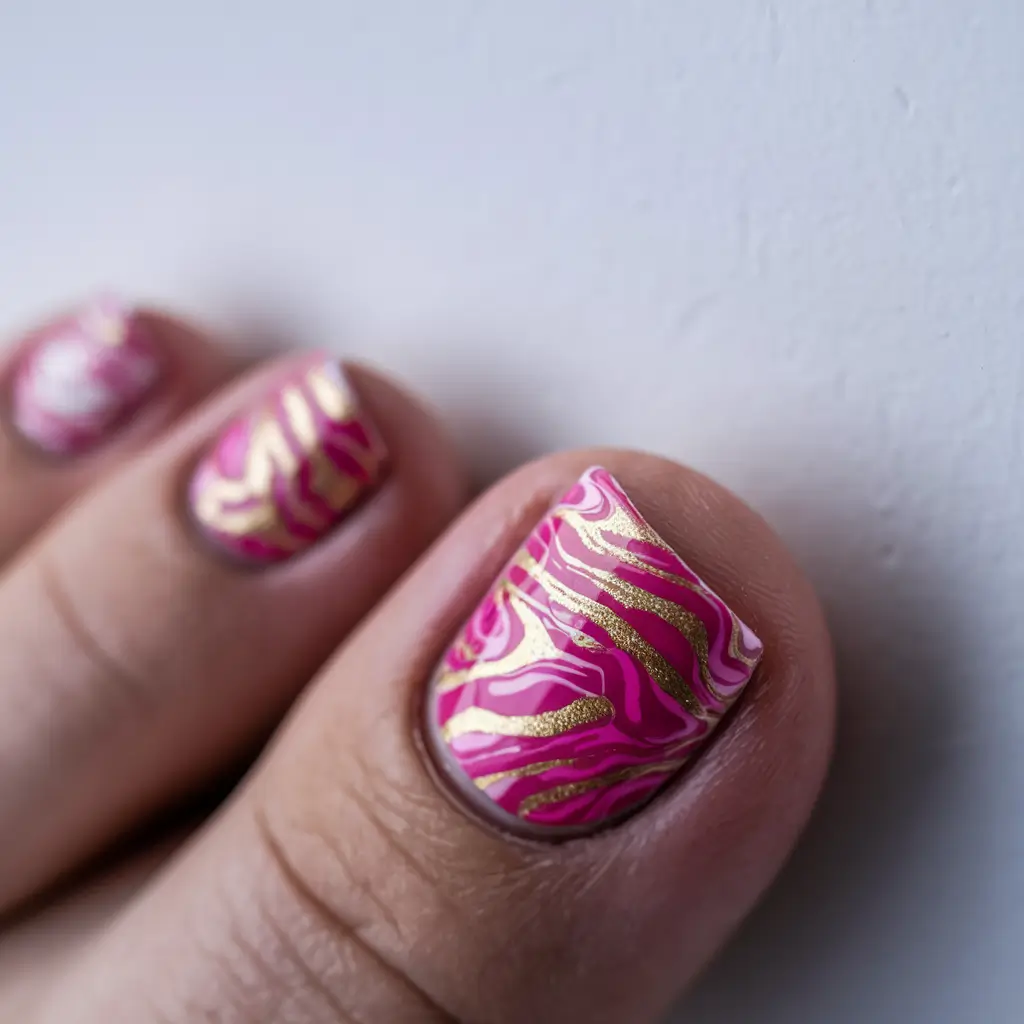 july toe nails ideas 2025 Hot Pink and Gold Foil Zebra