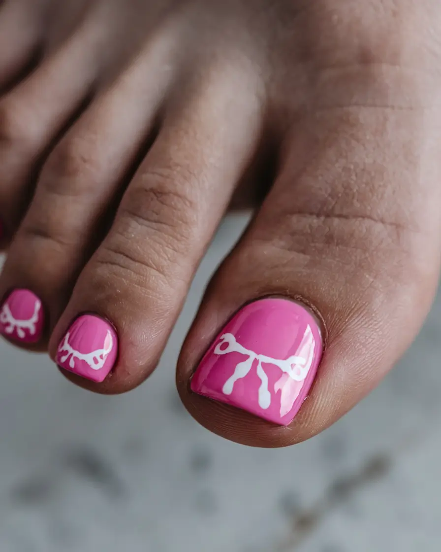 july toe nails ideas 2025 Candy Pink with Tiny White Bows