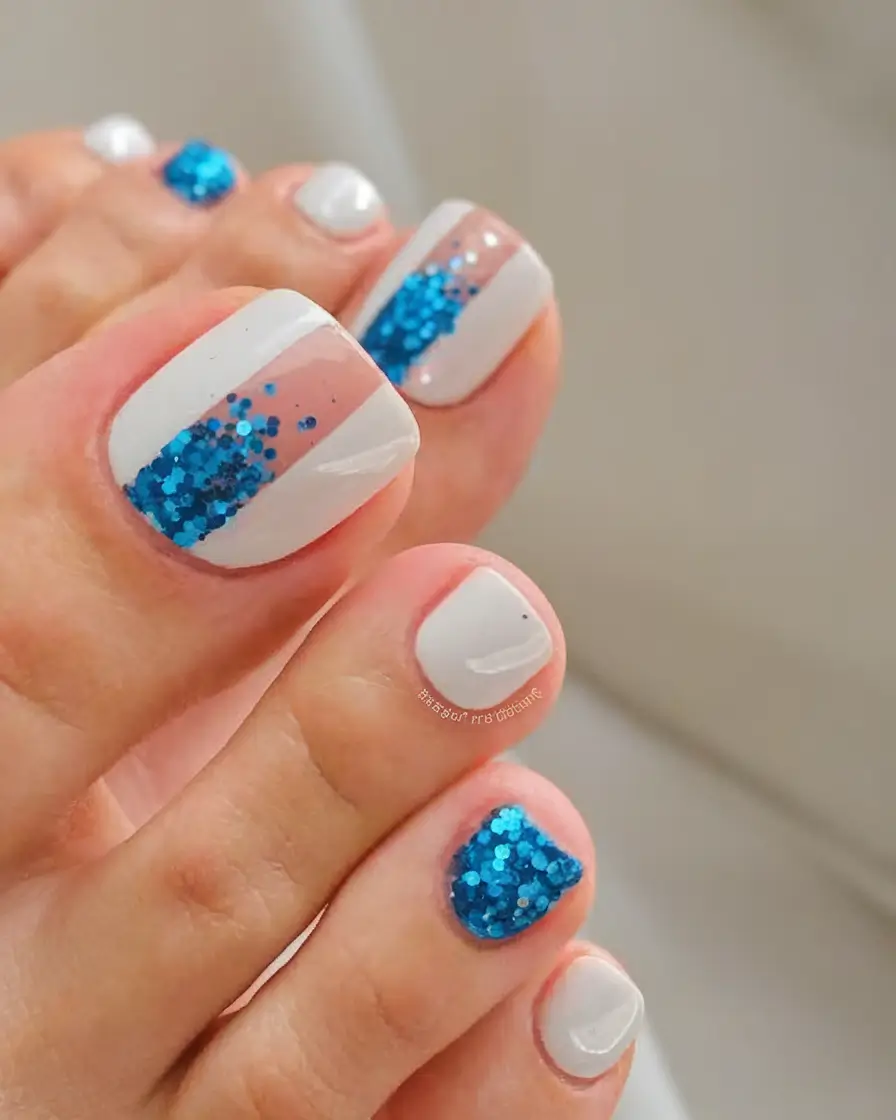 july toe nails ideas 2025 Striped White and Glitter Blue Accents