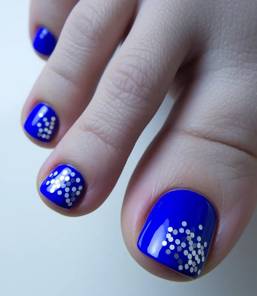 july toe nails ideas 2025 Electric Blue with Firework Dots