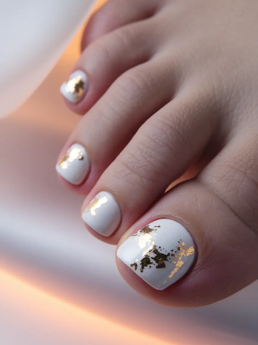 july toe nails ideas 2025 Minimal White with Gold Foil