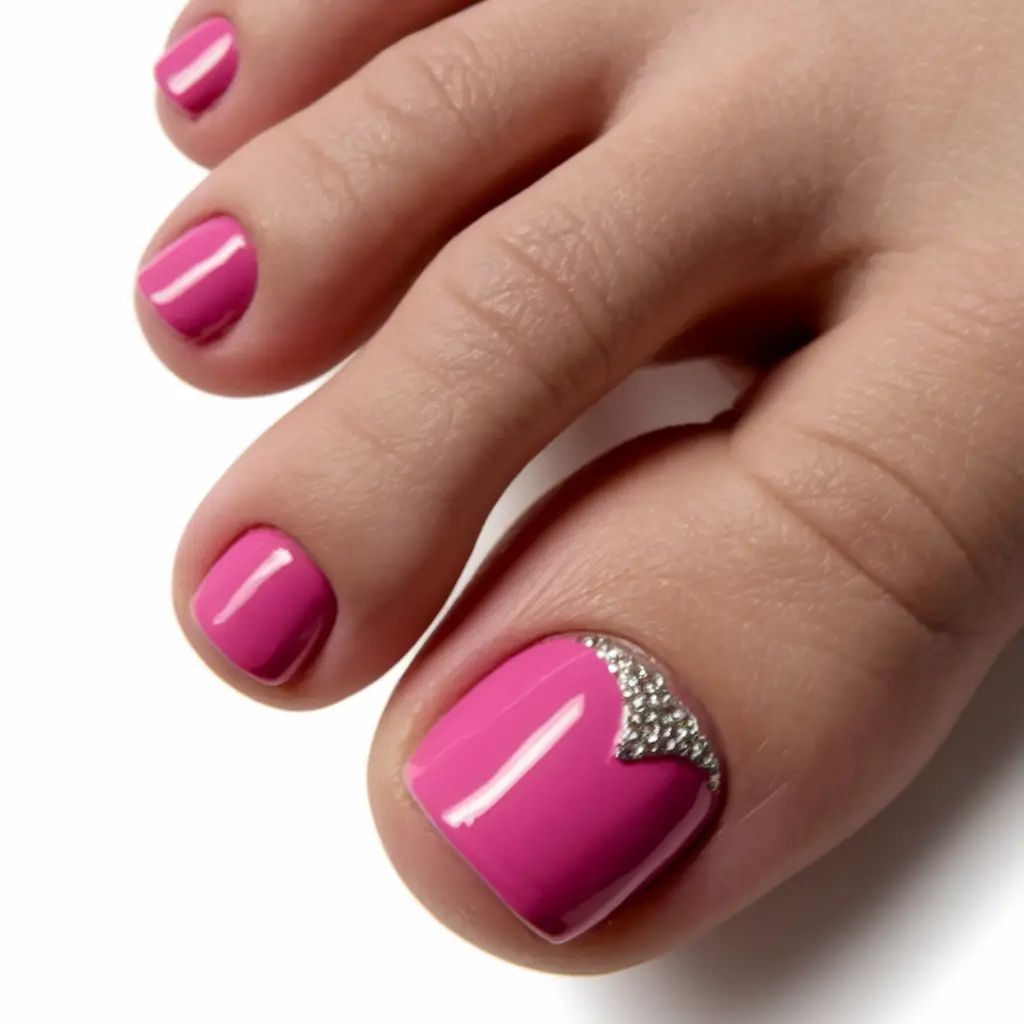 july toe nails ideas 2025 Hot Pink Glaze with Rhinestone Crown