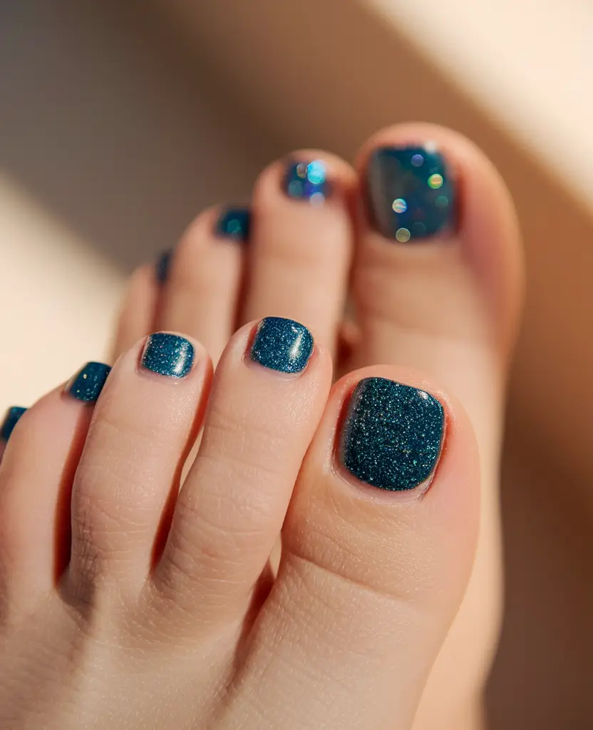 july toe nails ideas 2025 Ocean-Deep Glitter for a Firework Sparkle