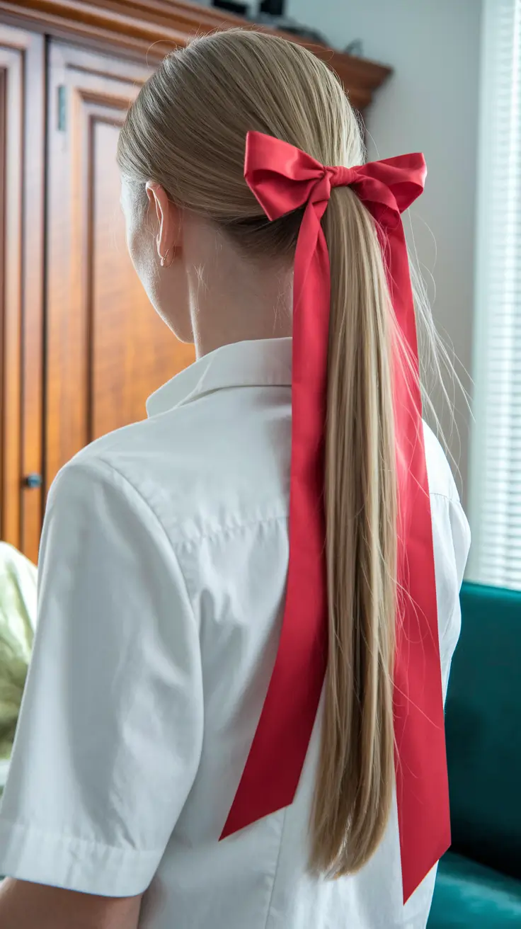 labor day hairstyles Sleek Low Ponytail with a Statement Ribbon