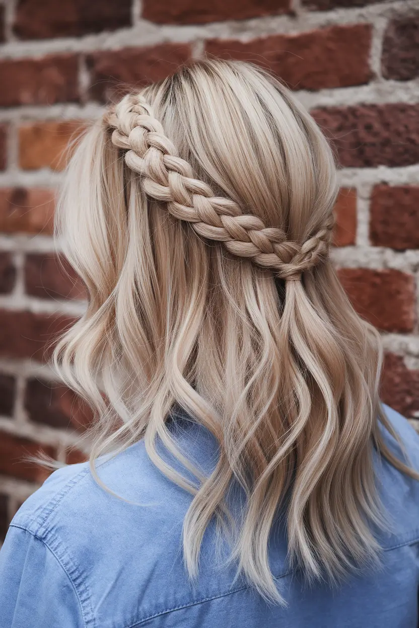 labor day hairstyles Halo Braid with Wavy Ends