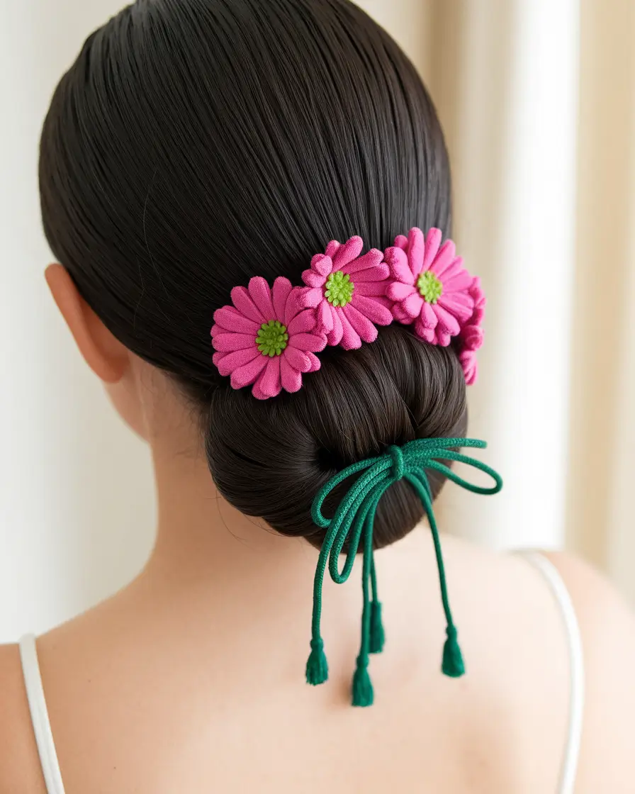 labor day hairstyles Floral Bun with Green Ribbon Accent