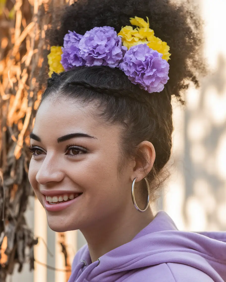 labor day hairstyles Voluminous Curls with Braided Crown and Florals