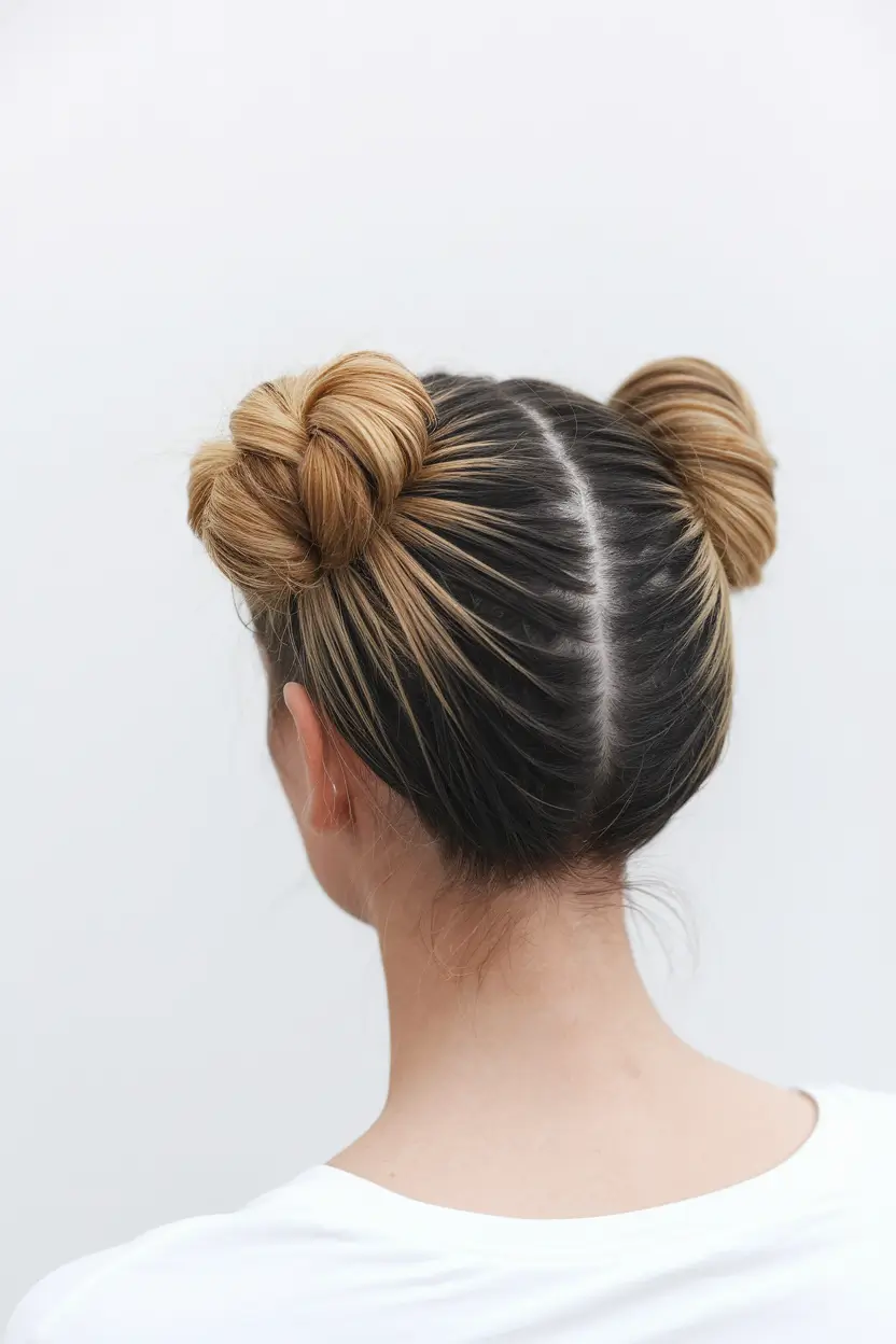 labor day hairstyles Double Space Buns with Sleek Parting