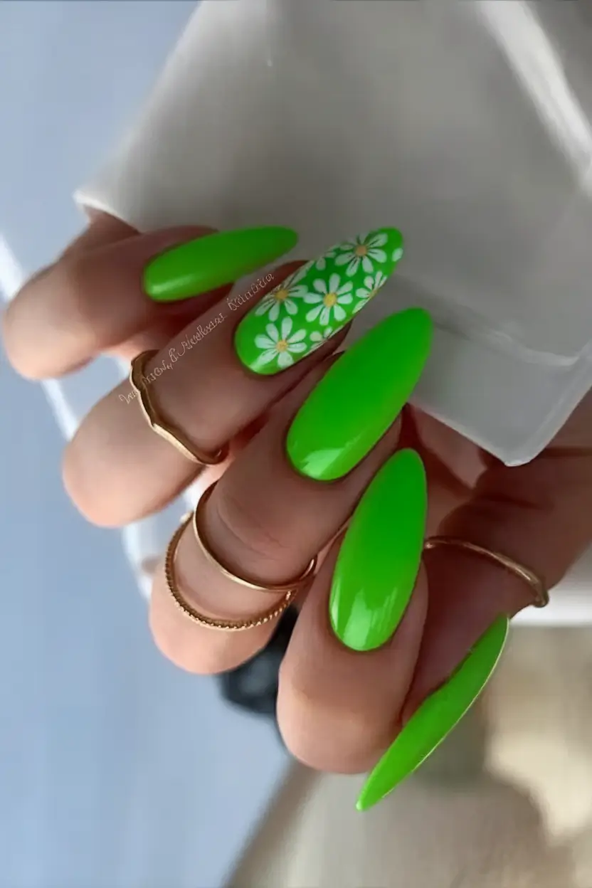 labor day nails 2025 Lime Green and Daisy Power