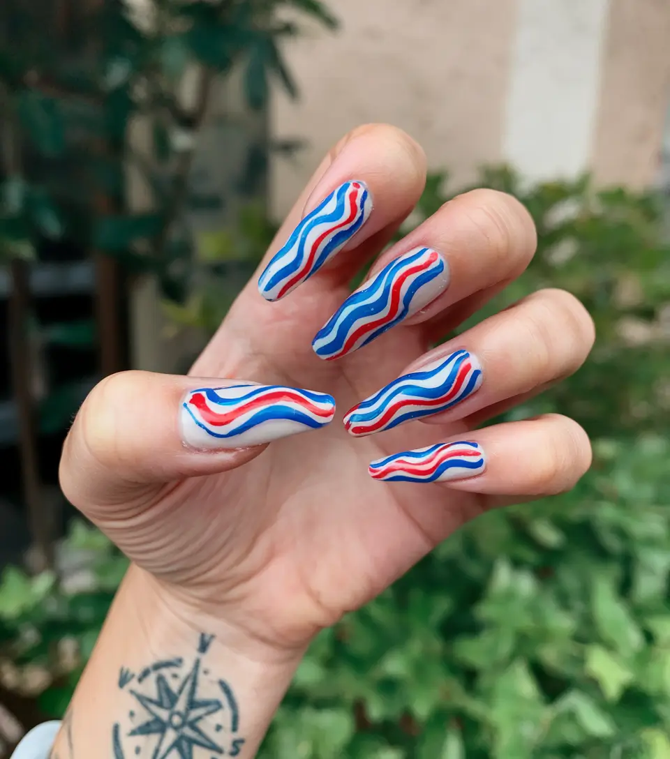 labor day nails 2025 Wavy Red, Blue & White Lines on Long Tips