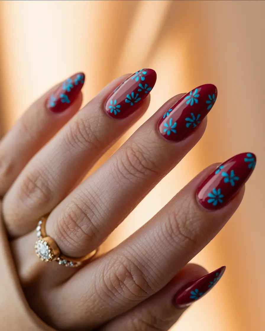 labor day nails 2025 Red & Blue Florals Over Burgundy Chic