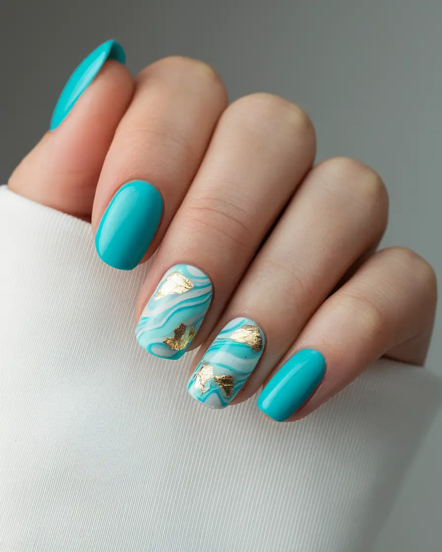 labor day nails 2025 Ocean Marble with Gold for a Cool-Luxe Finish