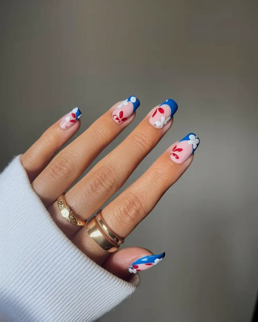 labor day nails 2025 Floral Pop French with a Retro Flare