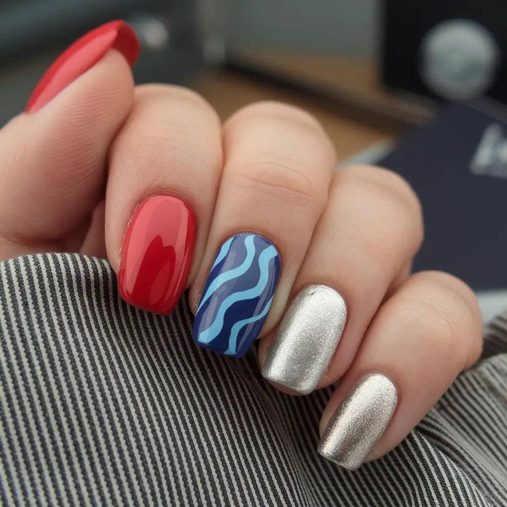 labor day nails 2025 Futuristic Twist on Red, White, and Blue