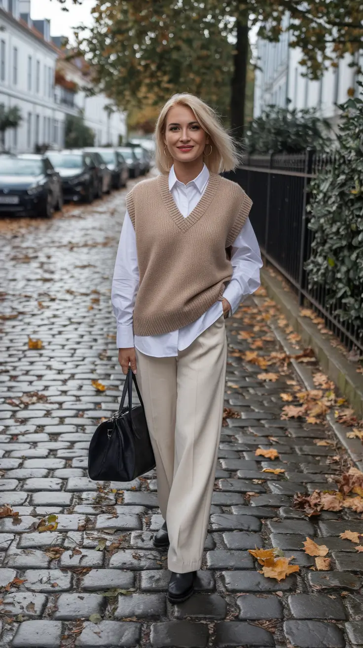 fall capsule wardrobe Italy Cozy Knit Vest & Cream Trousers for Elevated Ease