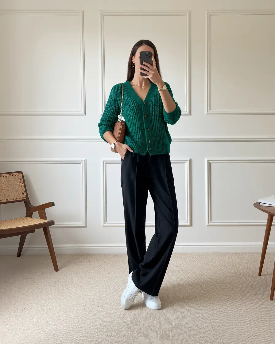 fall capsule wardrobe colorful Emerald Green Knit & Tailored Black Trousers