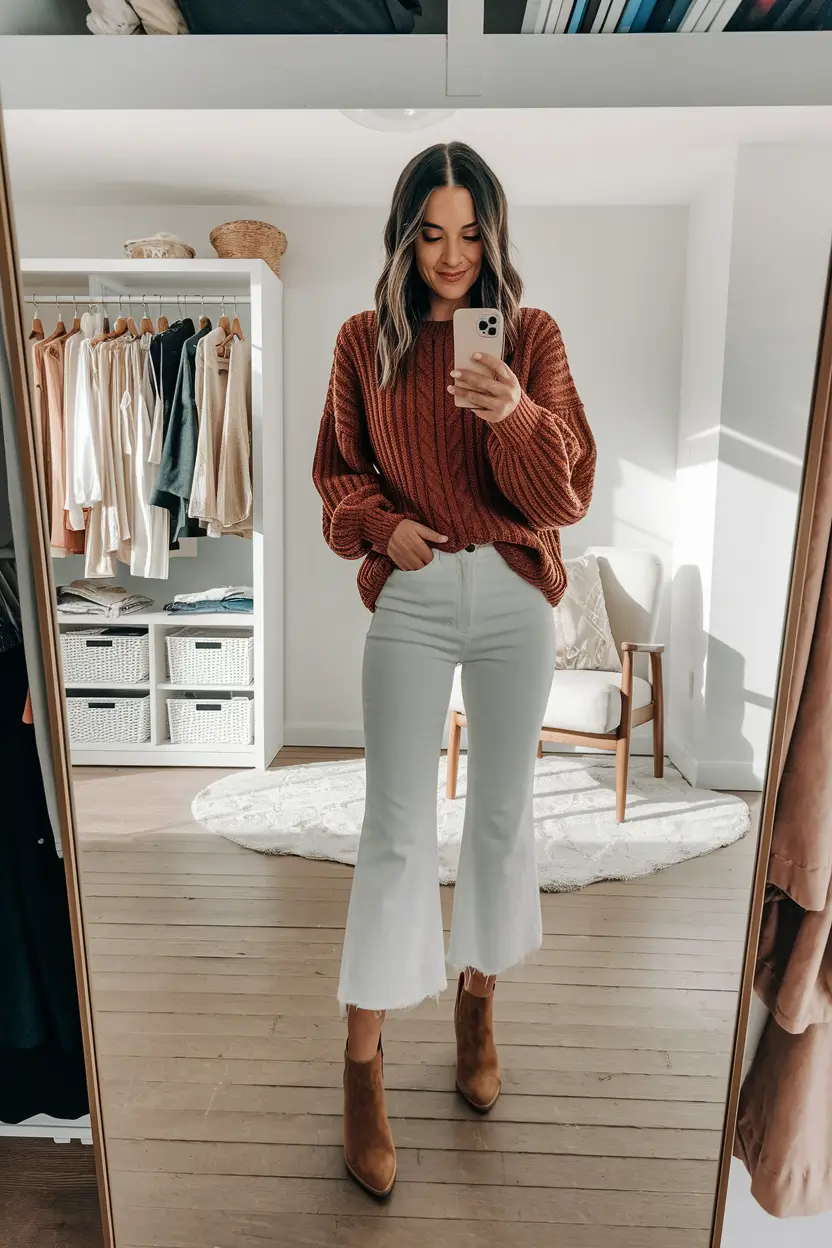 fall capsule wardrobe 2025 mom Rust Knit & Frayed Denim for Cozy-Polished Days