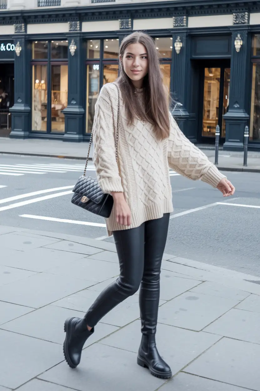 fall capsule wardrobe 2025 over 50 Chunky Cable Knit & Leather Pants for Urban Edge