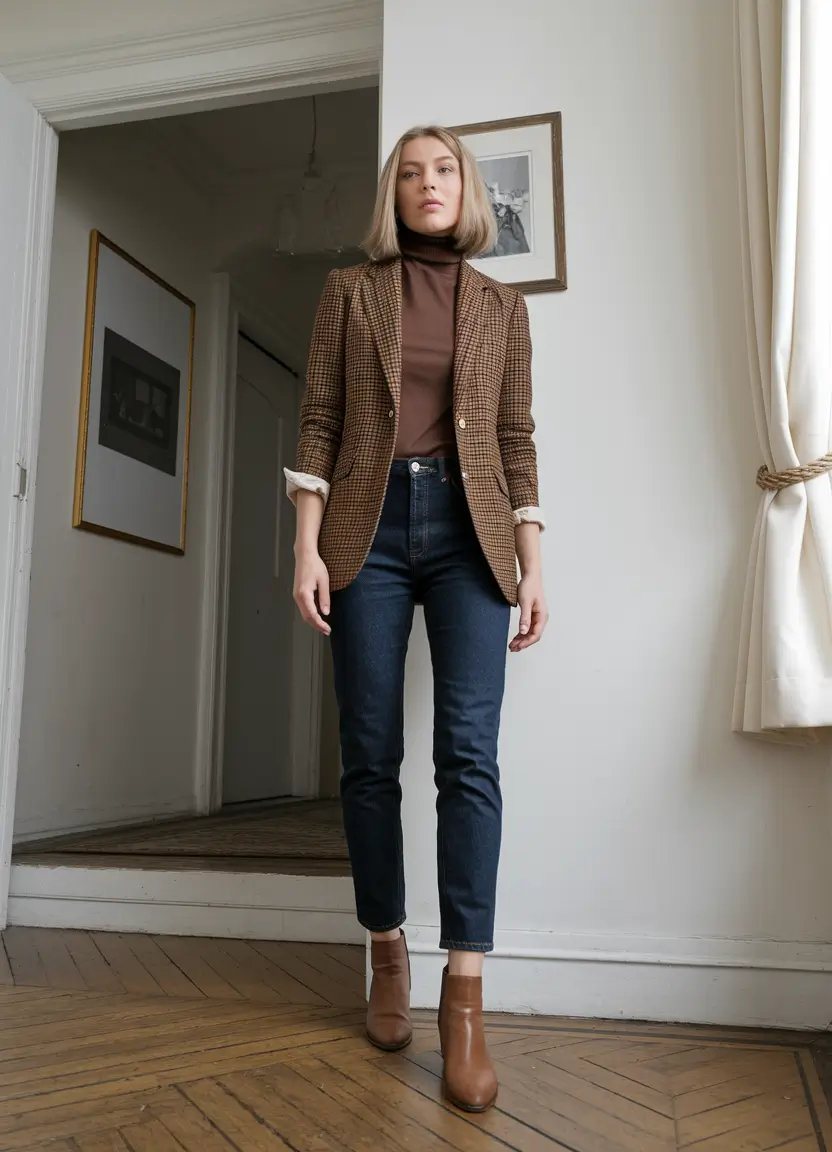 fall capsule wardrobe 2025 work Chocolate Turtleneck & Heritage Check Blazer