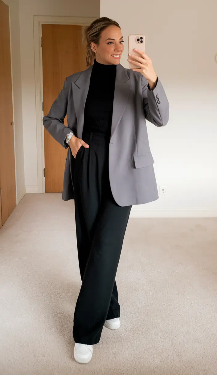 fall capsule wardrobe 2025 mom Gray Blazer & Sneakers: The Work-Leisure Merge