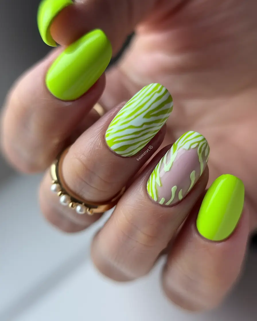 august nails designs short Zebra Swirls in Lime Highlighter