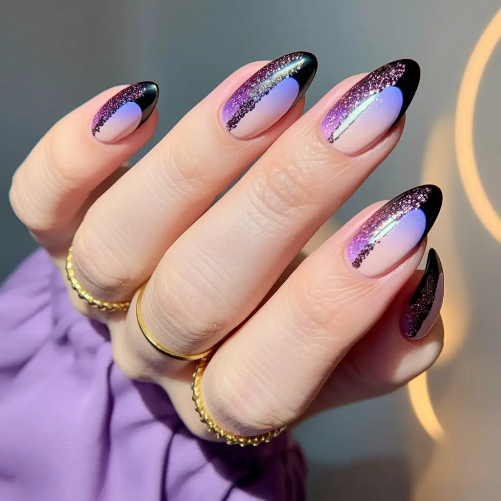 august nails designs almond Black Tips with Purple Glitter Fade