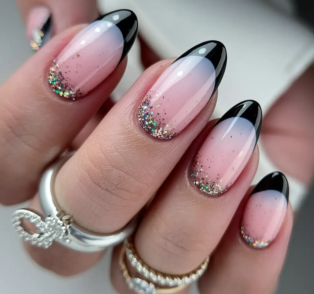 august nails designs french tip Black French Tips with Glitter Cuticle Accents
