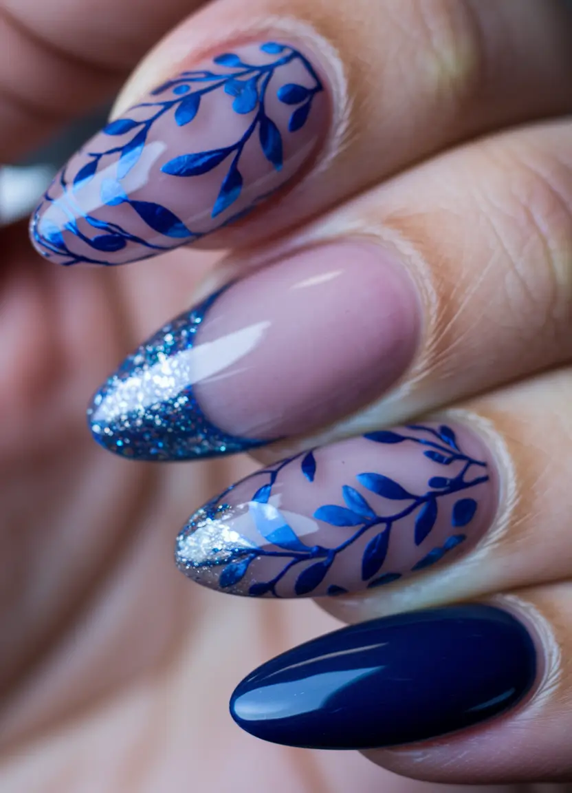 august nails designs short gel Midnight Blue and Leaf Print Accent
