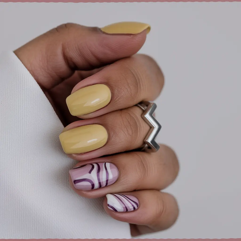 august nails designs short square Buttery Yellow and Mauve Swirl Combo