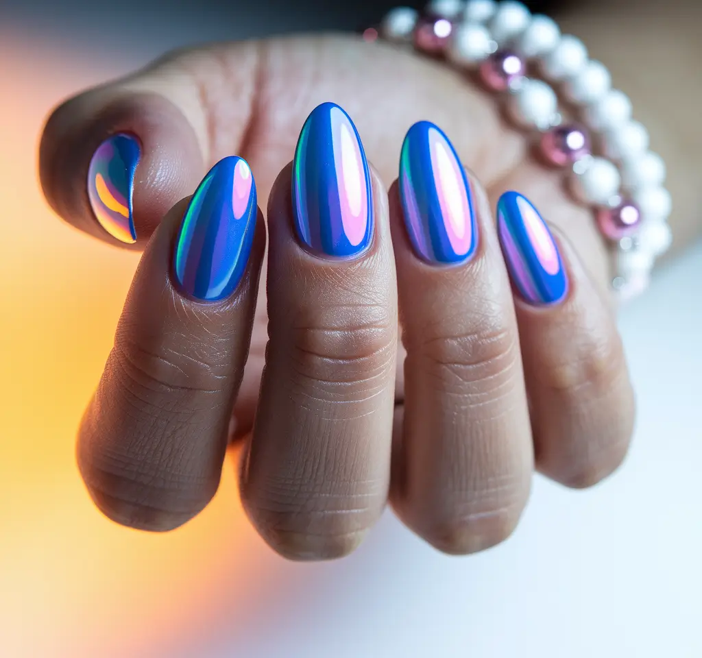 august nails designs 2025 square Iridescent Violet Mirror Nails