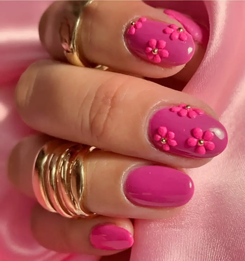 august-nails-designs-2025-Hot Pink 3D Florals for Garden Party Vibes
